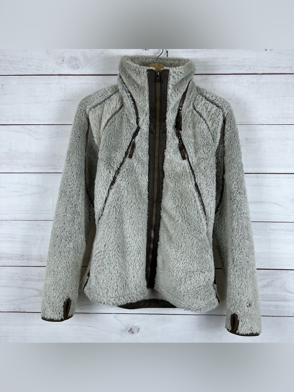 Kuhl Flight Jacket Womens Medium Stone Sherpa Fleece Hooded Full Zip Outdoor